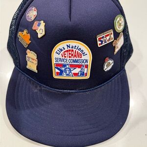 Vintage Navy Blue Elks National Veterans Service Commission Cap with Pins